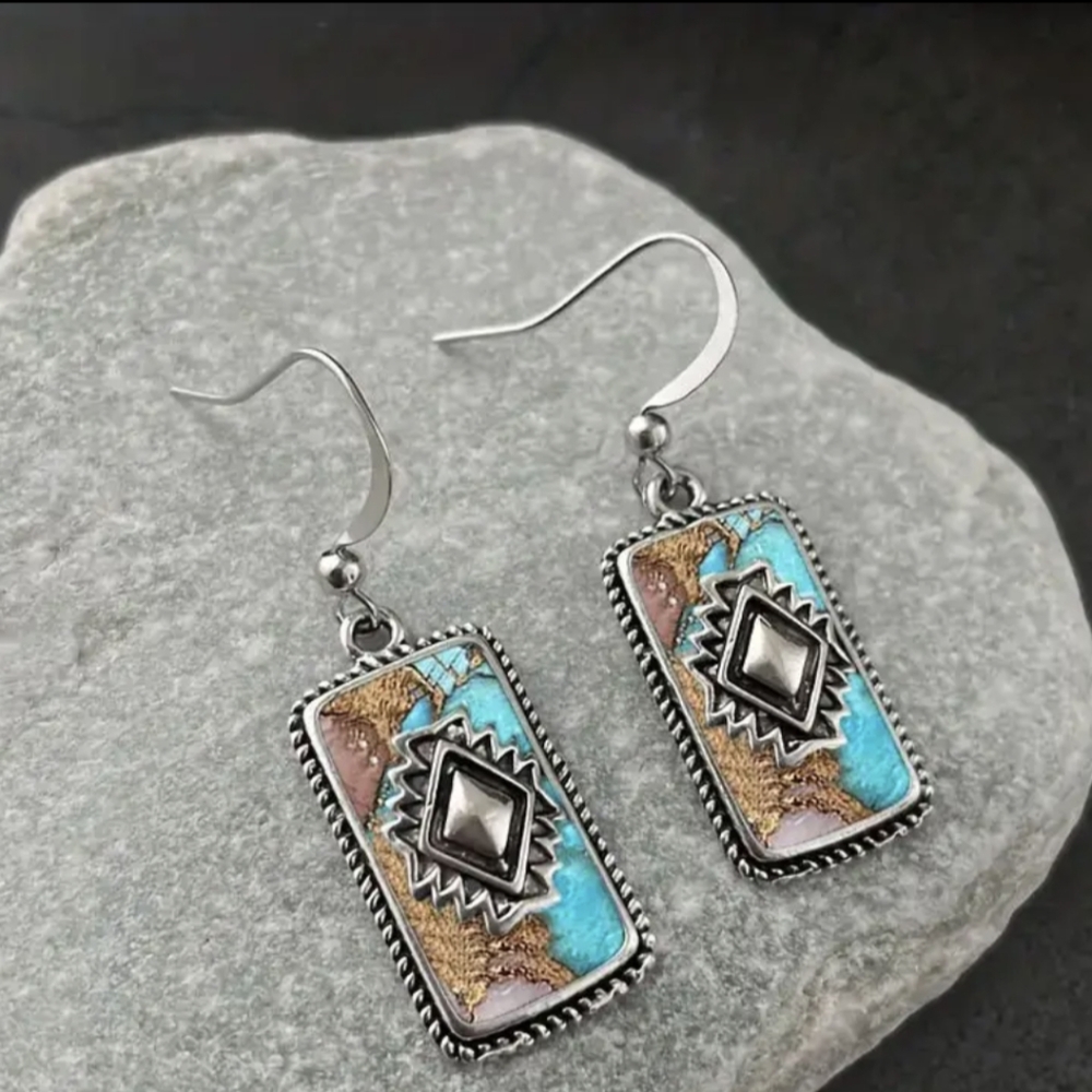 Faux turquoise Bohemian geo earrings - Picture 3 of 3